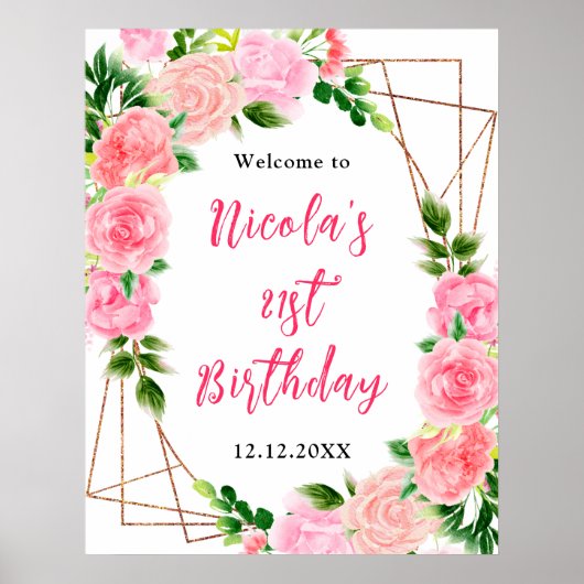 Pink Roses with Foliage Birthday Welcome Poster (Voorkant)