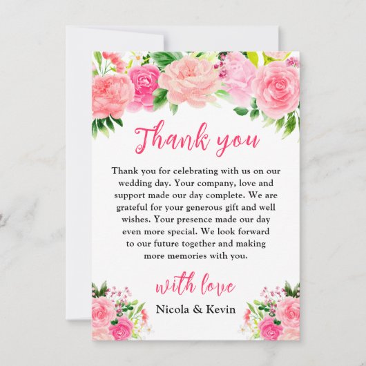 Pink Roses with Foliage Wedding Bedankkaart (Voorkant)