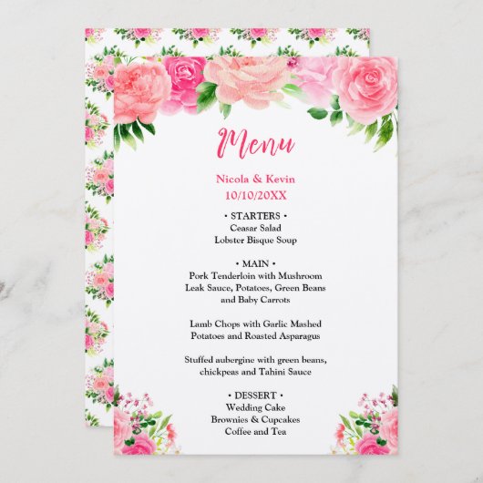 Pink Roses with Foliage Wedding Menu (Devant / Derrière)