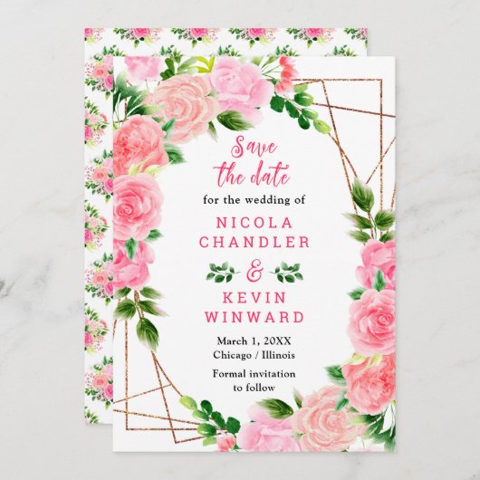 Pink Roses with Foliage Wedding Save The Date (Voorkant / Achterkant)