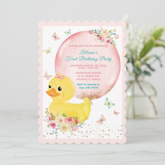 Pink RUBBER DUCK GIRL Invitation pour le premier a (Debout devant)