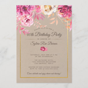 Pink Rustic 40e anniversaire de fête Invitation