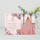 Pink Rustic Boho Western Charra Theme Quinceanera Save The Date (Staand voorkant)