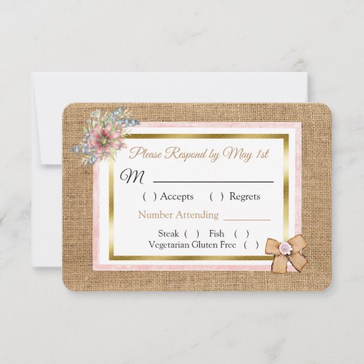 PInk Rustic Burlap Floral Wedding Carte RSVP (Devant)