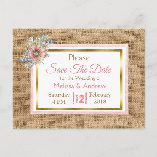 PInk Rustic Burlap Floral Wedding Save the Date Aankondigingskaart (Voorkant)