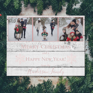 Pink Rustic Snowflakes Plat Holiday Carte photo