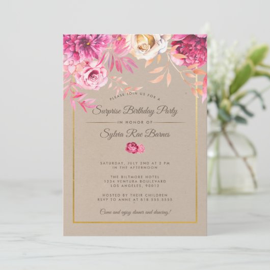 Pink Rustic Surprise Invitation de fête d'annivers (Debout devant)