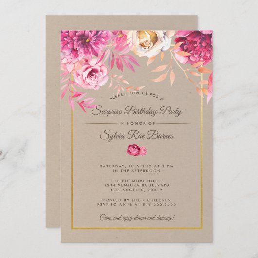 Pink Rustic Surprise Invitation de fête d'annivers (Devant / Derrière)