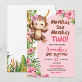 Pink Safari Monkey See Monkey Two 2nd Birthday Kaart (Voorkant / Achterkant)