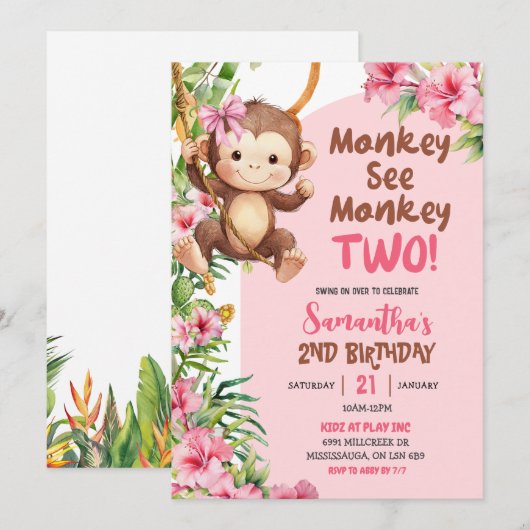 Pink Safari Monkey See Monkey Two 2nd Birthday Kaart (Voorkant / Achterkant)