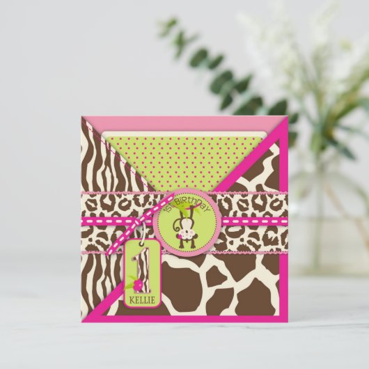 Pink Safari Oerwoud aap eerste verjaardag Kaart (Staand voorkant)