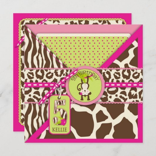 Pink Safari Oerwoud Monkey vijfde verjaardag Kaart (Voorkant / Achterkant)