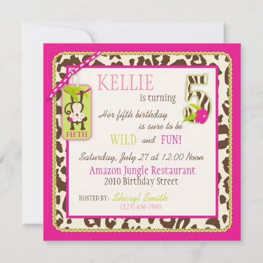 Pink Safari Oerwoud Monkey vijfde verjaardag Kaart (Achterkant)