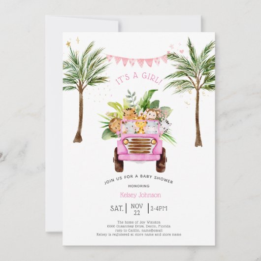 Pink Safari Oerwoud Palm Trees Girly Baby shower Kaart (Voorkant)