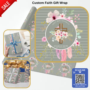 Pink Sage Floral Cross Girls Baptisme Flower Cadeaupapier