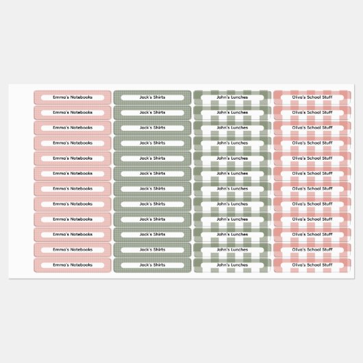 Pink & Sage Green Gingham Checker Custom Name  Labels (Vel)