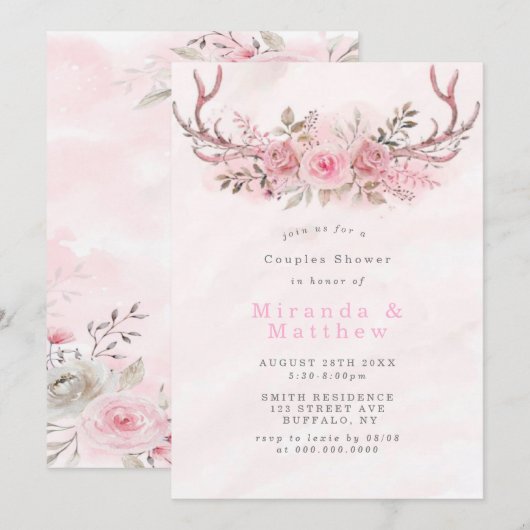 Pink Sage Peony Deer Antlers Couples Shower Invite (Voorkant / Achterkant)