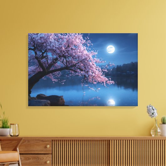 Pink Sakura Tree & Full Moon Night Canvas Print (Insitu (Woonkamer))