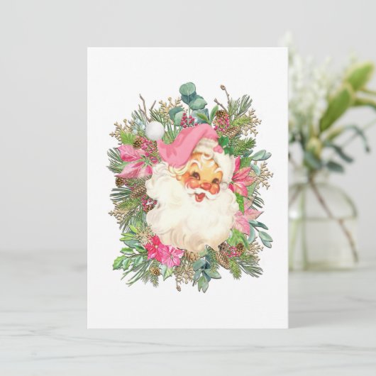 Pink Santa Claus and Floral Spray Feestdagenkaart (Staand voorkant)