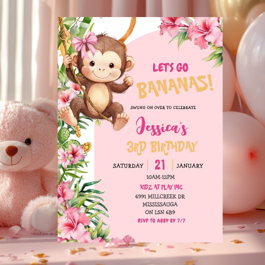 Pink Savannah Monkey Let's Go Bananas Birthday Kaart