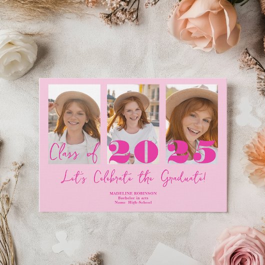 Pink Script Graduation Party 5 Fotoklasse Kaart