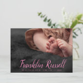 pink SCRIPT Naam boy Baby Geboorteaankondiging Kaart (Staand voorkant)