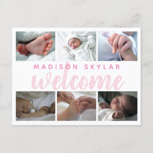 Pink Script Typography Welkom 6 Fotocollage Aankondigingskaart