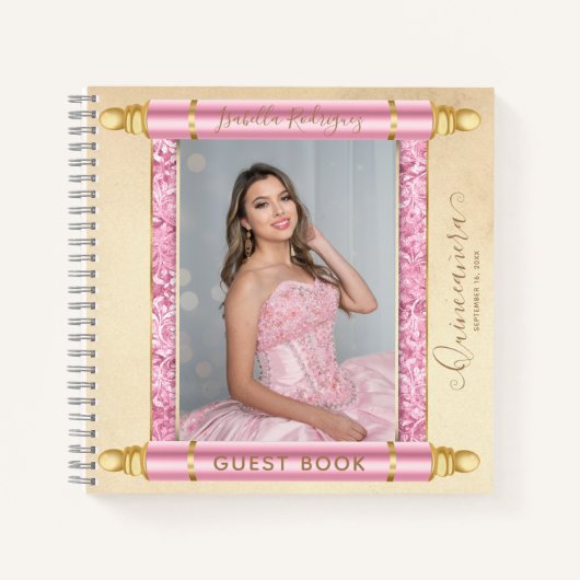 Pink Scroll Photo Budget Quinceañera Livre d'or (Devant)