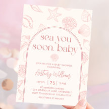 Pink Seashell Sea You Soon Baby Shower Invitation