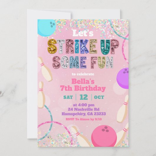 Pink Sequin Glitter Bowling Party Invitation (Devant)