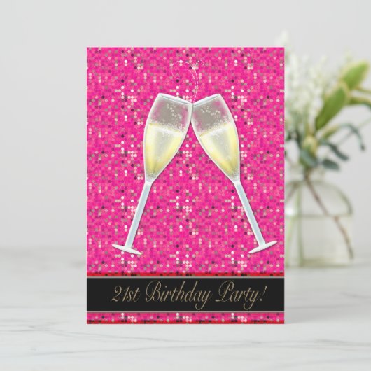 Pink Sequins 21e anniversaire Invitations de fête (Debout devant)