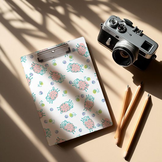 Pink Sheep with Flowers & Berries - Cute Pattern Klembord