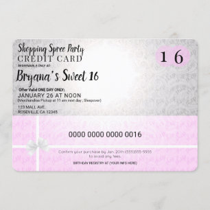 Pink Shopping Spree Carte de crédit Sweet 16 Party