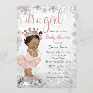 Pink Silver African American Princess Baby shower Kaart