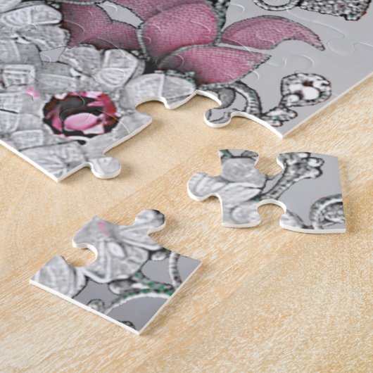 Pink Silver Blanc Floral Jigsaw Puzzle (Côté)