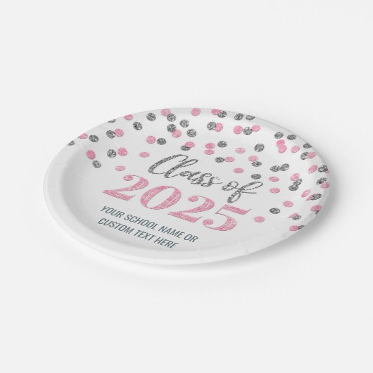 Pink Silver Confetti Afstuderen 2025 Papieren Bordje (Gekanteld)