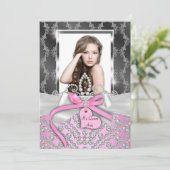 Pink Silver diamant Bow Foto Quinceanera Invite Kaart (Staand voorkant)