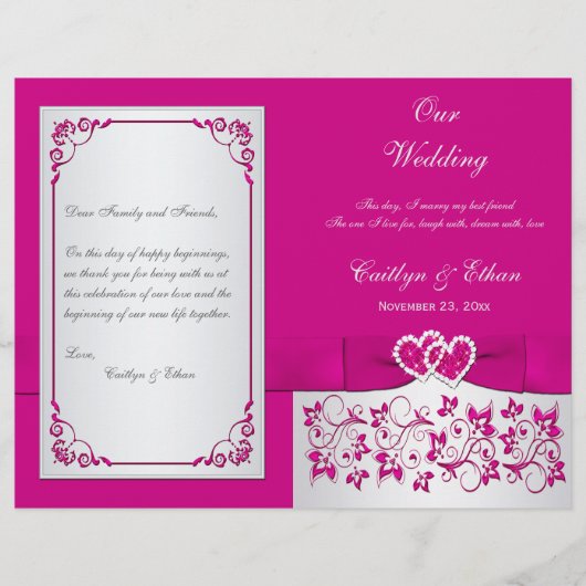 Pink, Silver Floral Hearts Wedding Programme (Voorkant)