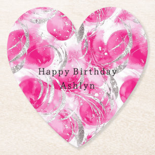 Pink Silver Glam Abstract Circles Verjaardag Kartonnen Onderzetters