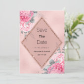 Pink silver glitter peony floral Save The Date Kaart (Staand voorkant)