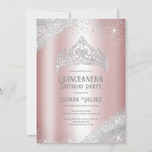 Pink Silver Glitter Princess Tiara Quinceañera Kaart (Voorkant)