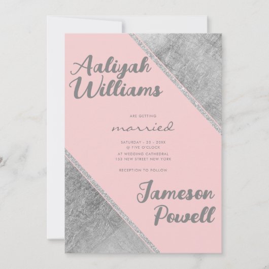 Pink silver glitter script calligraphy wedding kaart (Voorkant)
