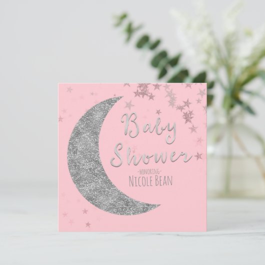 Pink & Silver Moon & Stars Baby Shower Invitations (Debout devant)