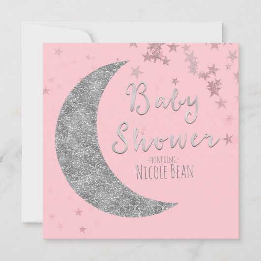 Pink & Silver Moon & Stars Baby Shower Invitations (Devant)