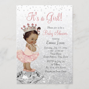 Pink Silver Princess African American Baby shower Kaart
