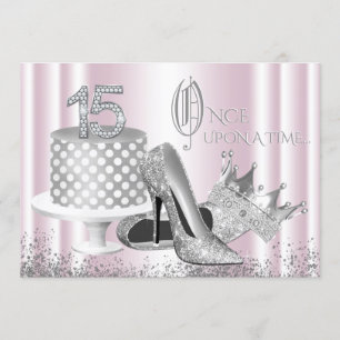 Pink Silver Princess Quinceanera Uitnodiging