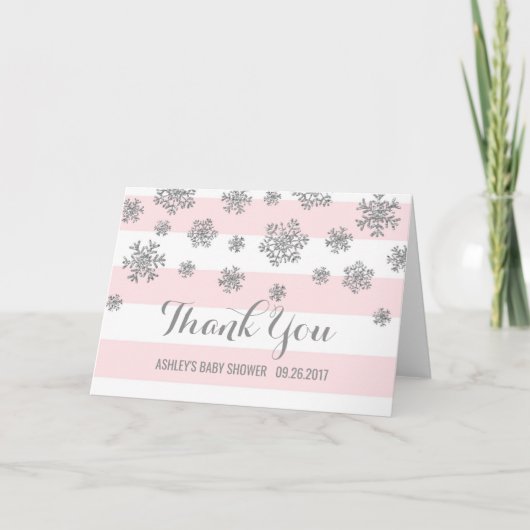 Pink Silver Snowflakes Baby shower Dank u Bedankkaart (Voorkant)