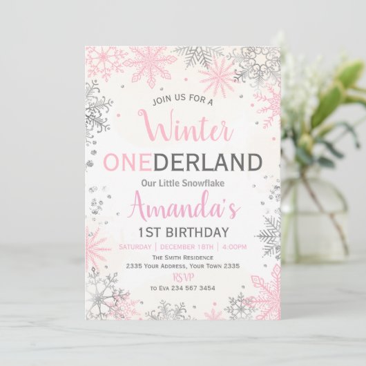 Pink Silver Winter ONEderland Birthday Invitation (Debout devant)