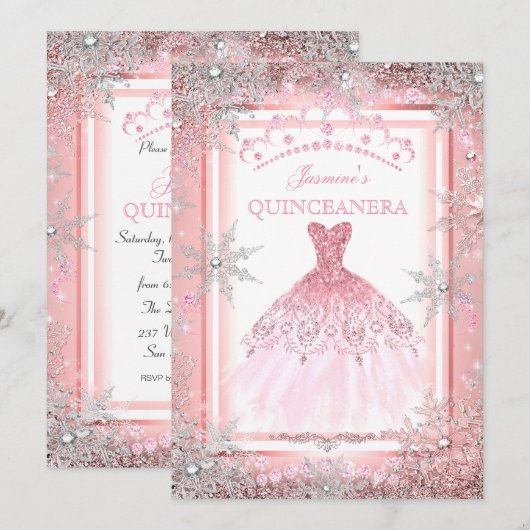 Pink Silver Winter Wonderland Quinceanera Party 2 Kaart (Voorkant / Achterkant)