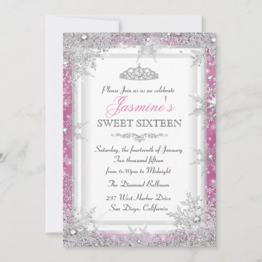 Pink Silver Winter Wonderland Sweet 16 Invitation (Devant)